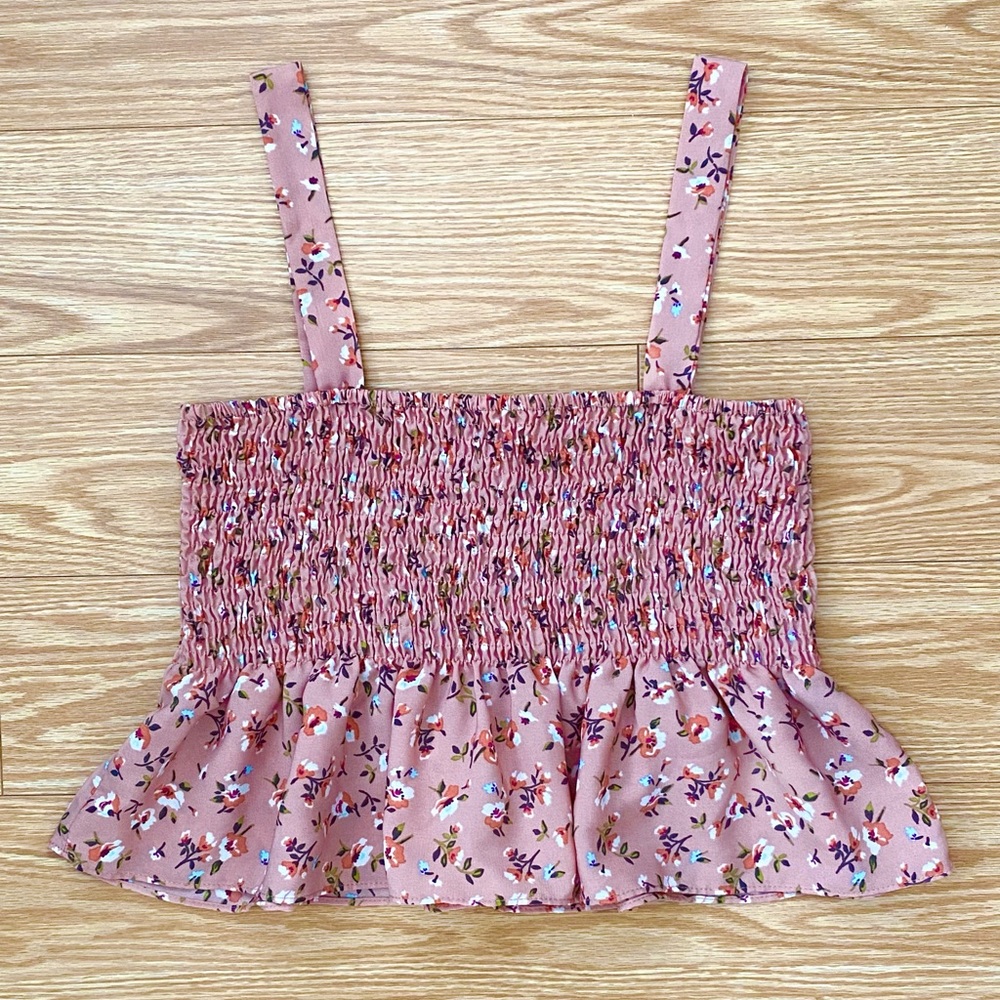 Smocked Floral Crop Tank Top Blouse Light Pink Ditsy Flower Print